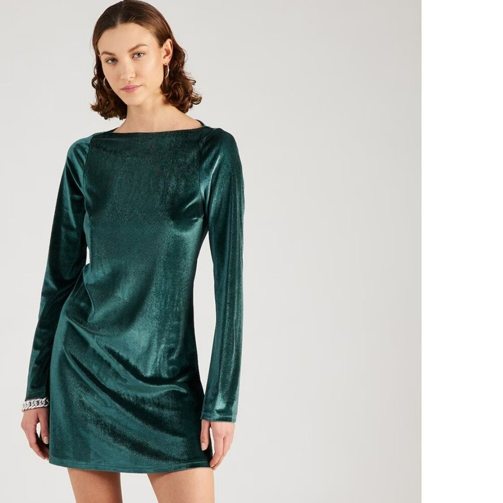 NWT Monki Long Sleeve Velvet Mini Dress Size XS in Green Dark